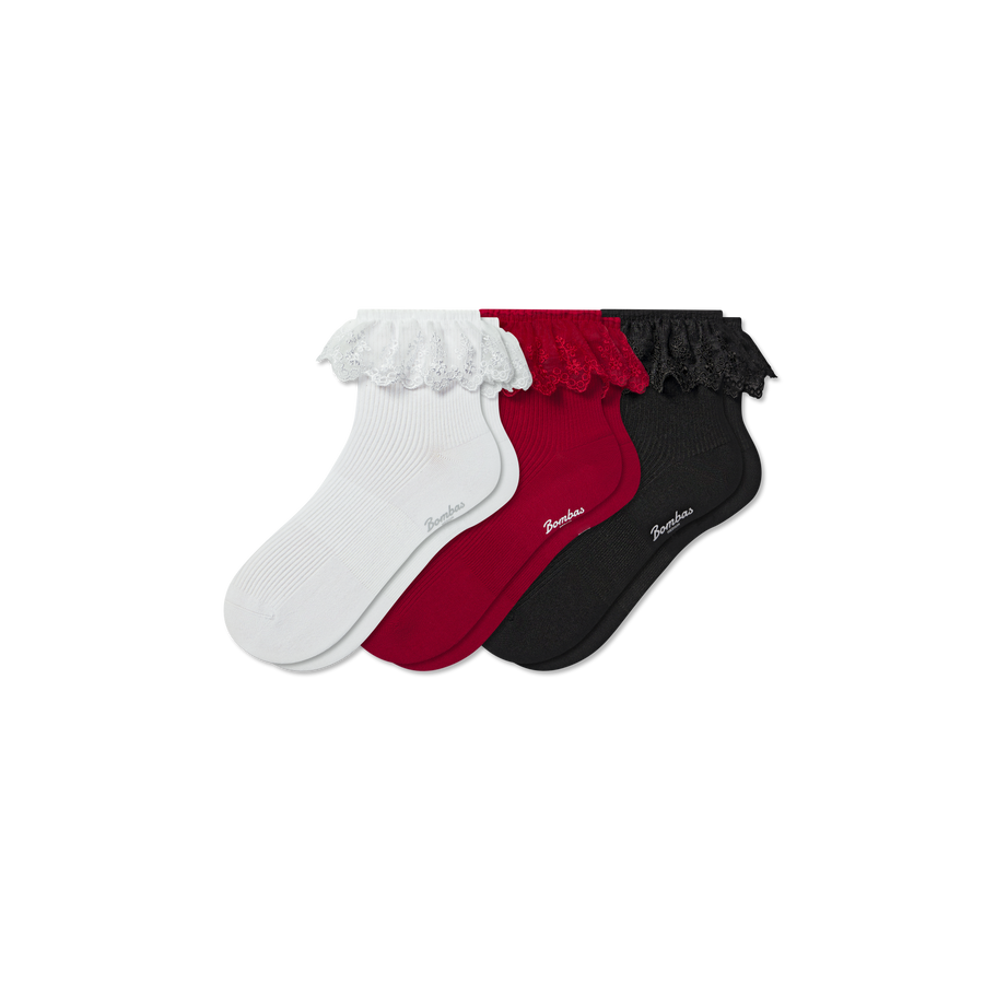 Women’s Ruffle Lace Quarter Sock 3-Pack - Soft Travel Cushion