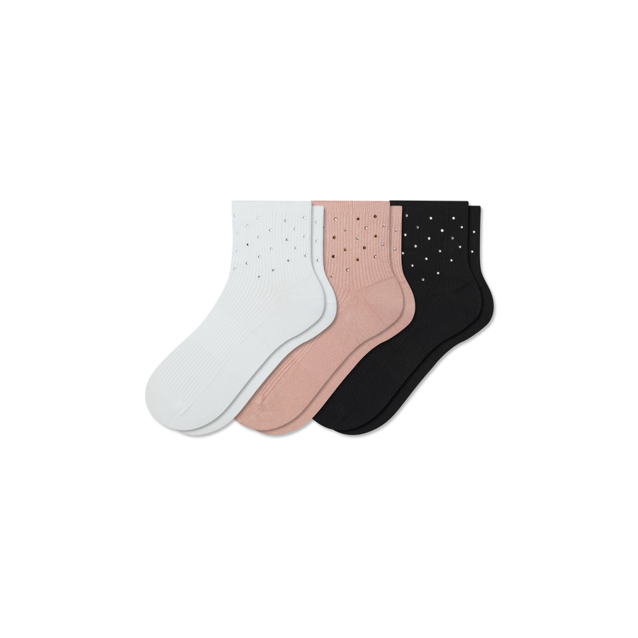 Women’s Rhinestone Rib Quarter Sock 3-Pack - Studio Hike Move