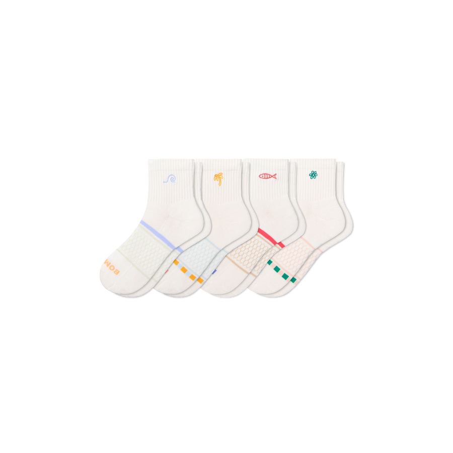 Women's Beach Day Embroidered Quarter Sock 4-Pack - Cozy Low Cut Cushion