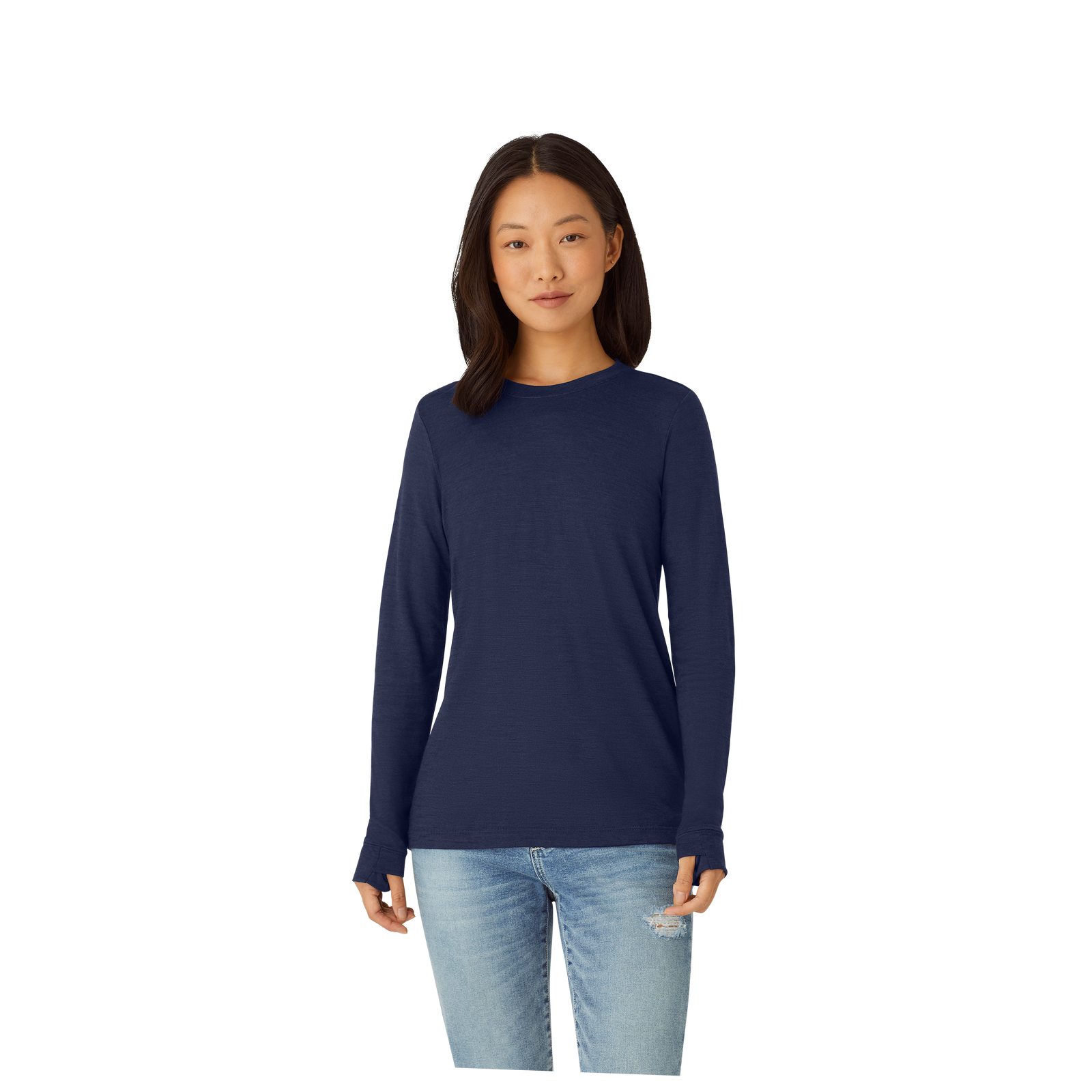 Merino Wool Blend Crew Neck Long Sleeve T-Shirt Navy WO1