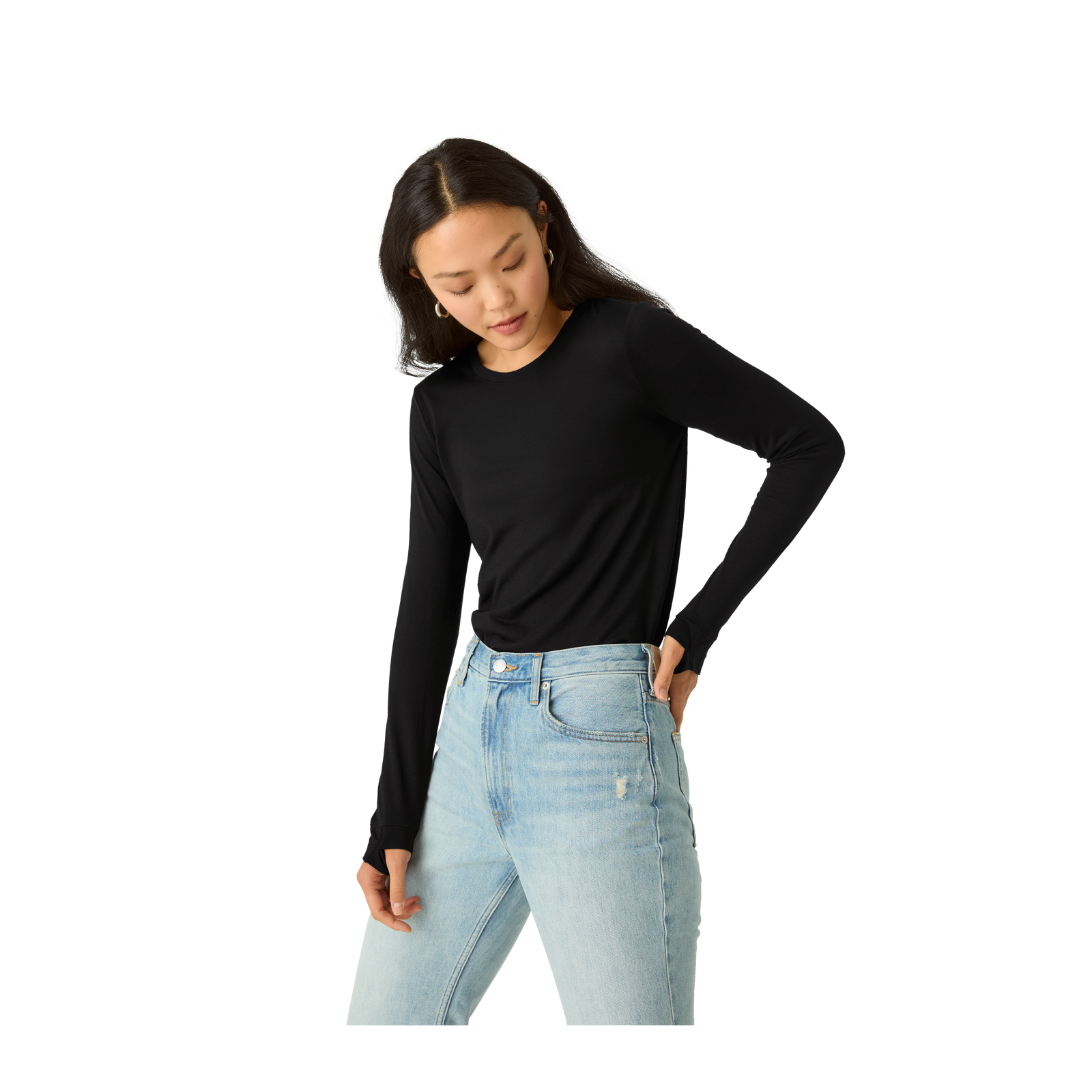 Merino Wool Blend Crew Neck Long Sleeve T-Shirt - Black WO1 [7056]