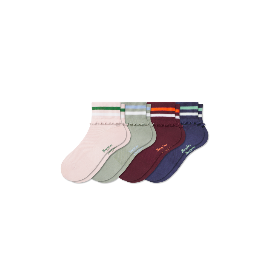 Youth Foldover Ruffle Quarter Sock 4-Pack - Breathable Lounge Wear