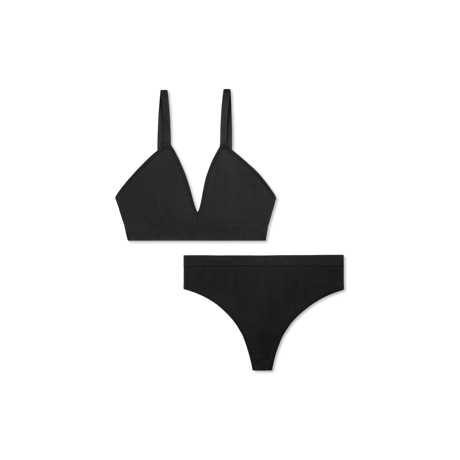 Women's Ribbed Seamless Triangle Bralette + Thong - Black