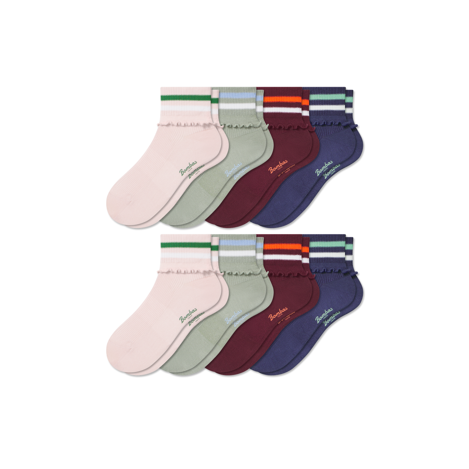 Youth Foldover Ruffle Quarter Sock 8-Pack - indigo pink mix L